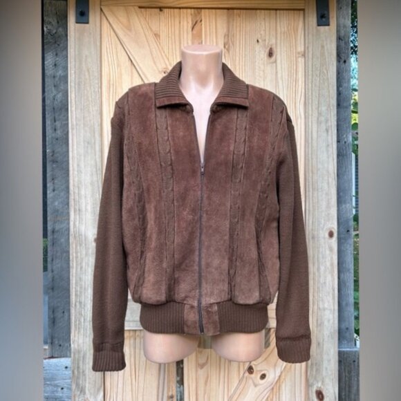Vintage 70s Richmond Brown Genuine Suede Cable Knit Sweater Bomber Jacket~L~ - Picture 1 of 6